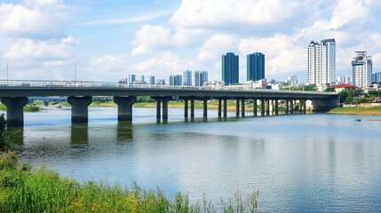 Fototapeta premium Scenic city view with a river in the background, featuring a beautiful bridge that spans across the water, creating a stunning urban landscape. The vibrant city skyline and peaceful river 