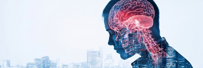 A silhouette of a person with a digital brain overlay, symbolizing the fusion of technology and human intelligence against a city backdrop.
