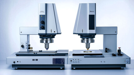 Two white laboratory machines with digital displays, one with a probe over a round disk.