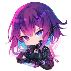 Naklejka premium Cyberpunk Anime Girl with Purple Hair and Blue Eyes