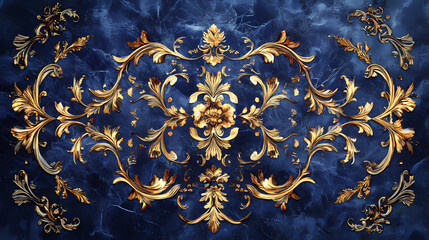 A decorative border of golden filigree entwines a deep blue canvas, creating a regal and elegant backdrop for a text or design. Regal. Illustration