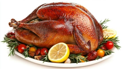 Delicious roasted turkey with rosemary, tomatoes, garlic, and lemon on white plate, cut out 