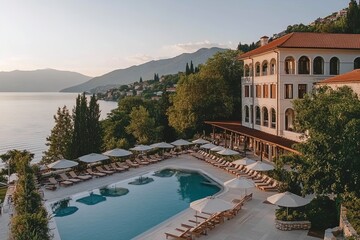 Beautiful Lakeside Villa With a Serene Pool Area Set Against Mountains During Sunset