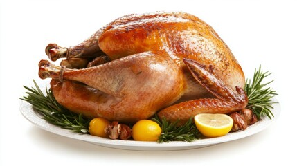 Delicious roasted turkey with rosemary, tomatoes, garlic, and lemon on white plate, cut out 