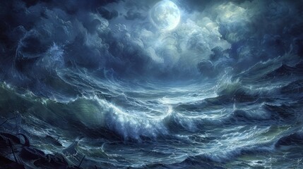 Fototapeta premium The ocean swelled and churned under the influence of the full moon a powerful force of lunar magic.