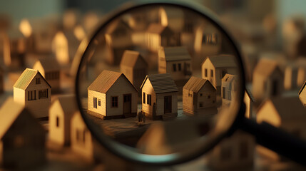 magnifying glass find search house home apartment property real estate buy purchase rent family simple wooden minimalistic magnified village suburban acquisition mortgage loan