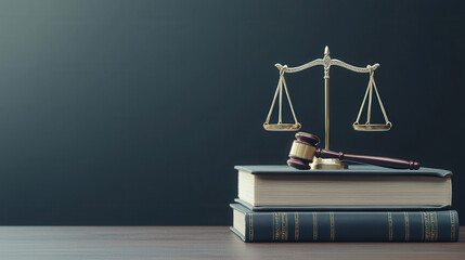 Scales of Justice with Gavel and Law Books on Wooden Table in Courtroom Setting, symbolizing legal judgment, equality, and authority.