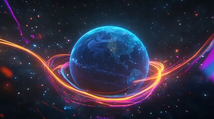 A glowing blue Earth with a colorful light trail, symbolizing interconnectedness and technology.