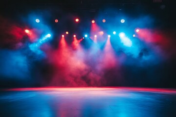 Obraz premium Stage lights with red and blue spotlights and fog, empty concert stage background