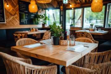 Cozy Restaurant Table Setting with Natural Light, Rustic Decor, and Green Plant Centerpiece