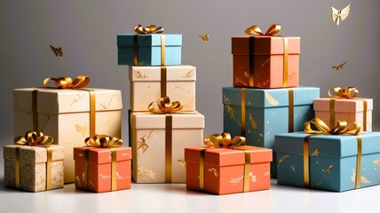 Obraz premium christmas tree with gifts , Christmas Presents Golden Ribbons On Shabby