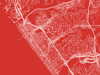 Christmas Map of Oceanside California, USA in Snowy White on Festive Red Background.