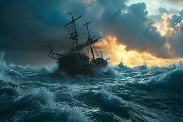 Obraz premium An old sailing ship navigates through a stormy ocean, surrounded by crashing waves and rain, with ominous clouds in the background..