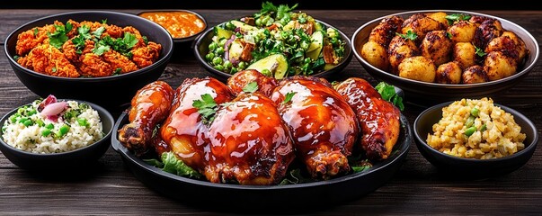 Fried chicken with glossy honey-butter coating, surrounded by side dishes on a wooden table, in watercolor style, soft focus