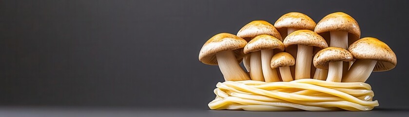 Glossy udon noodles with mushrooms, hyper-realistic, muted background, close-up