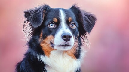 Fototapeta premium A black, white, and brown dog looks up with its blue and brown eyes.