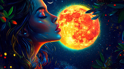 Woman kissing a large orange moon with a starry background.