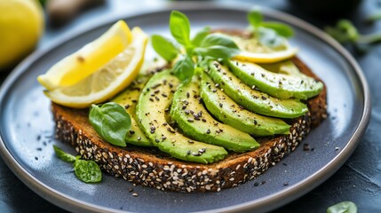 A slice of multigrain bread topped with avocado, lemon, and sesame seeds.