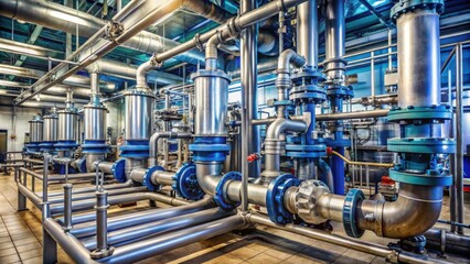 Industrial plant with pipelines, valves, and liquid pumps for production equipment , factory