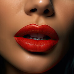 Obraz premium Extreme close-up of the red lips of a beautiful young woman.