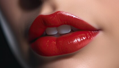 Fototapeta premium Extreme close-up of the red lips of a beautiful young woman.