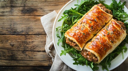 Two sausage rolls are served on a bed of arugula on a white plate.