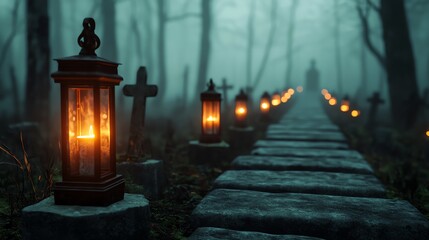 A misty path illuminated by lanterns leads through a haunting forest, evoking a mysterious and eerie atmosphere.