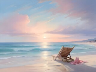 Pastel Sunset Sea Beach Painting Art