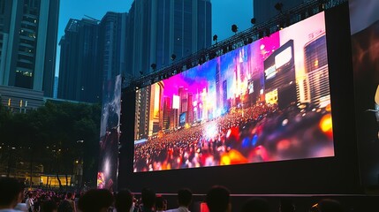 Fototapeta premium Concert LED screen displaying vibrant, dynamic visuals during a live performance, enhancing the atmosphere with stunning lights and graphics. The large screen showcases energetic, colorful imagery, 