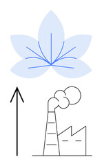 Factory with smokestack emitting minimal pollution, large leaf above symbolizing environmental impact reduction and sustainable growth. Ideal for environmental awareness, sustainability, green