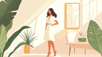 Obraz premium An illustration of a woman in a white dress standing in a room with plants and a window.