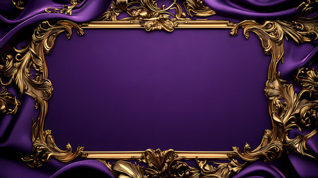 A royal-themed wedding invitation card mockup with elegant gold trim and velvet textures, presented on a luxurious silk fabric background in a regal purple hue. Regal. Illustration