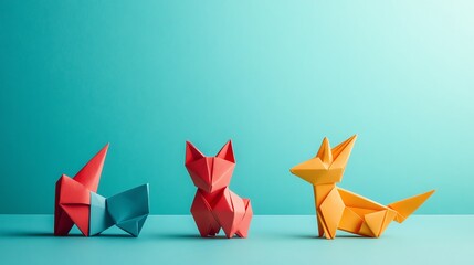 Three origami animals on a blue background.