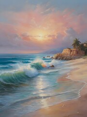 Pastel Sunset Sea Beach Painting Art