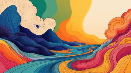 A psychedelic landscape with melting mountains, bubbling rivers and cartoon clouds with eyes.