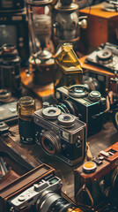 A collection of vintage cameras arranged on a surface, showcasing photography history.
