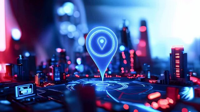 Glowing blue location pin above a futuristic city model.