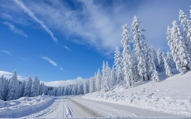 Serene Winter Roadway Flanked by Snow-Covered Pine Trees Under Clear Blue Sky