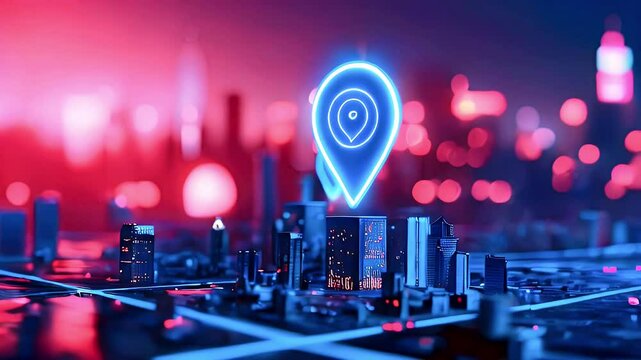 Illuminated cityscape with glowing location pin, signifying digital mapping and navigation.