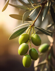 A branch of an olive tree laden with ripe green olives bathed in sunlight. Generative AI