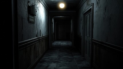 Dark and eerie hallway with an ominous atmosphere, evoking a sense of suspense and mystery. Shadows and dim lighting hint at hidden secrets buried in the past, creating an unsettling and intriguing 