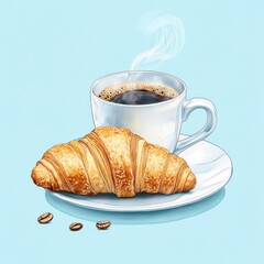 A steaming cup of coffee beside a golden croissant on a plate, set against a light blue background.