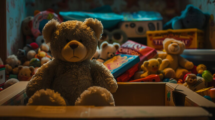 Close-up of a Teddy Bear Sitting in a Cardboard Box Surrounded by Toys