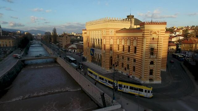 Drone flight video over Sarajevo at sunset