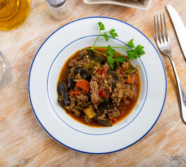 Delicious vegetable stew with minced meat served on platter