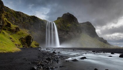 The Dramatic Volcanic Landscapes and Black Sand Beaches of Iceland, Featuring Towering Cliffs, Glacial Rivers, and Unique Geothermal Features in a Stark, Otherworldly Landscape