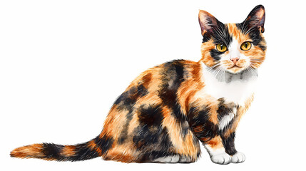 A watercolor illustration of a calico cat sitting with a regal expression isolated on a white background. Regal. Illustration