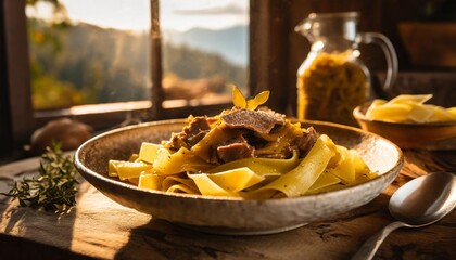 Fresh Pappardelle al Cinghiale with Wild Boar Ragu, Captured in a Rustic Italian Countryside Kitchen with Wooden Decor and a Cozy Home-Cooked Feel