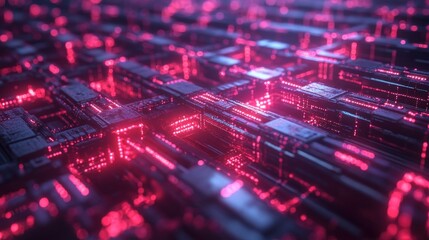 Obraz premium Abstract digital background with glowing red lines and purple light, representing data flow or network connections.