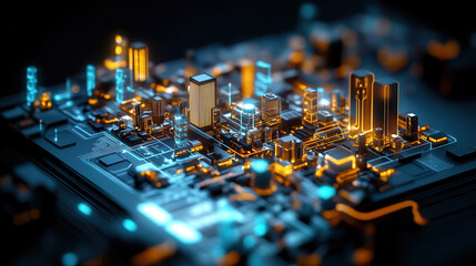 futuristic cityscape with glowing buildings and circuit patterns, showcasing blend of technology and urban life. vibrant blue and orange lights create dynamic atmosphere